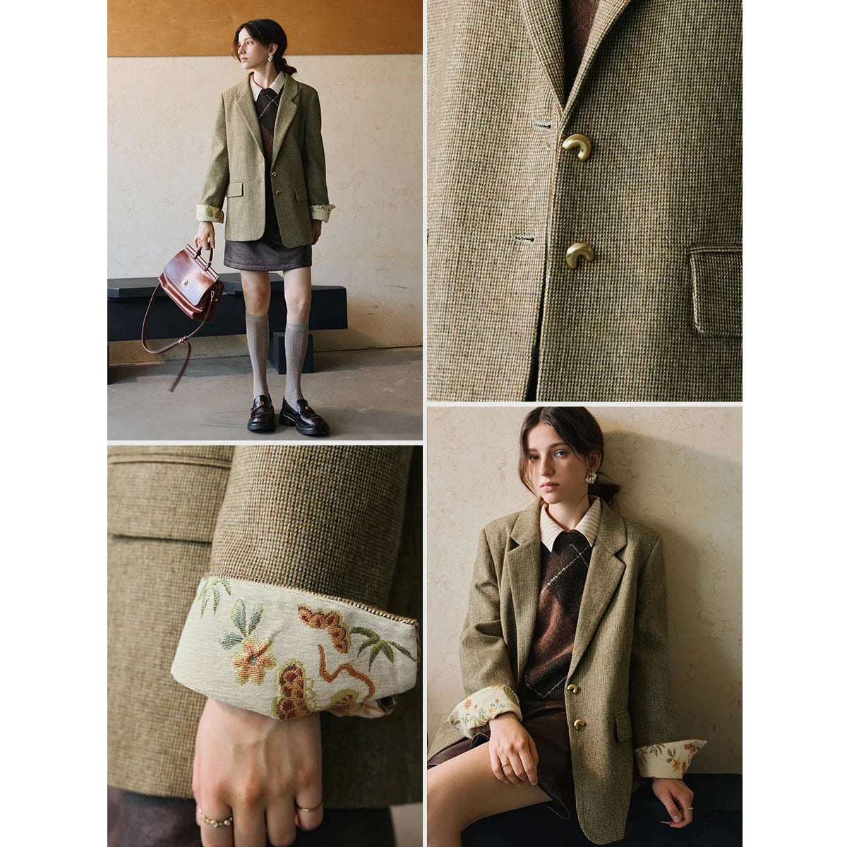 Women's Blazer Floral Spliced Jacquard Cuff Blazers Spring 2026 Old Money Style Oversize Long Wool Coats GO57DN002081