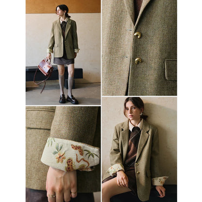 Women's Blazer Floral Spliced Jacquard Cuff Blazers Spring 2026 Old Money Style Oversize Long Wool Coats GO57DN002081