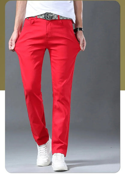 Men Classic Version Slim Stretch Trousers Clothing Red Straight Jeans Fashion High Quality Casual  Denim Pants Male 36 40