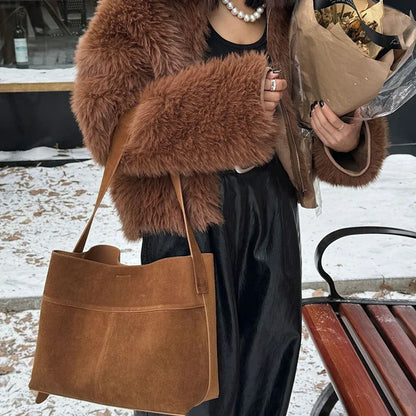 Luxury Genuine Leather Women Bags 2025 Spring Cow Suede Shoulder Bags Women Retro Gold Buckle Large Capacity Totes Lady Handbags