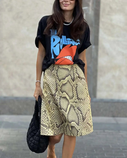 Snakeskin Printed Fashion Skirt Women's High Waist Slim Contrast Patchwork Commute Streetwear Female Vintage Y2k Skirt DDX8