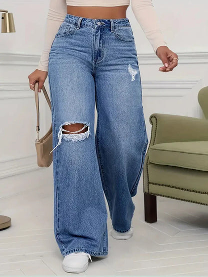 Women's Jeans Denim Pants Wide Leg Vintage Distressed Ripped Trousers 2026 Streetwear Washed Pockets Floor Length Hole Jeans