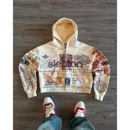 Sweatshirt Jacket Zipper Hoodie Apricot Print Letters Cartoon Fashion Multifunctional Retro Y2K High Street Men's and Women's