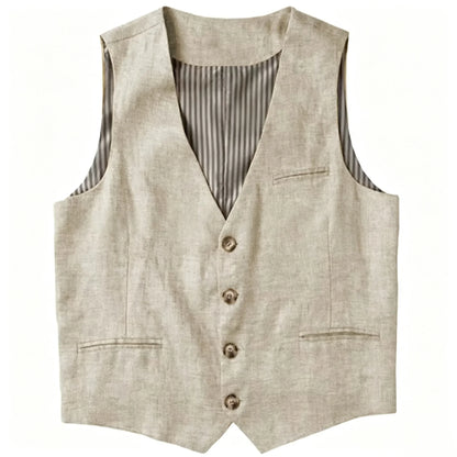 Beige Linen Men's Vest V Neck Summer Waistcoat Single Breasted Light Weigt Men's Suits Vest