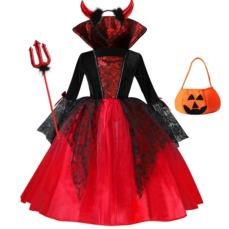 Halloween Girl Cosplay Vampire Dress For Kids Ghost Bride Vampire Costume Vampiran Carnival Party Outfits Scarlet Gothic Clothes