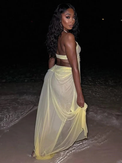 Prom Party Gown Dress Woman Sexy See Through Luxury Chain Halter Low-Neck Backless Sleeveless Midnight Elegant Vestidos