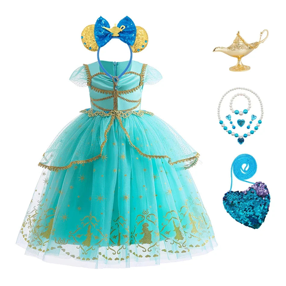 Girl Halloween Princess Dress Aladdin Magic Lamp Jasmine Dress Girl Fancy Mesh Ball Gown Childrens Day Gifts Carnival Costume