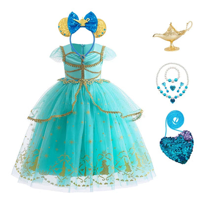 Girl Halloween Princess Dress Aladdin Magic Lamp Jasmine Dress Girl Fancy Mesh Ball Gown Childrens Day Gifts Carnival Costume