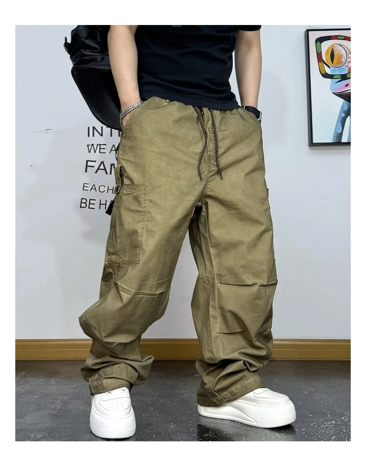 Mens American Vintage Baggy Cargo Pants Multi Pocket Distressed 100% Cotton Straight Leg Loose Fit Premium Quality Pants Trendy