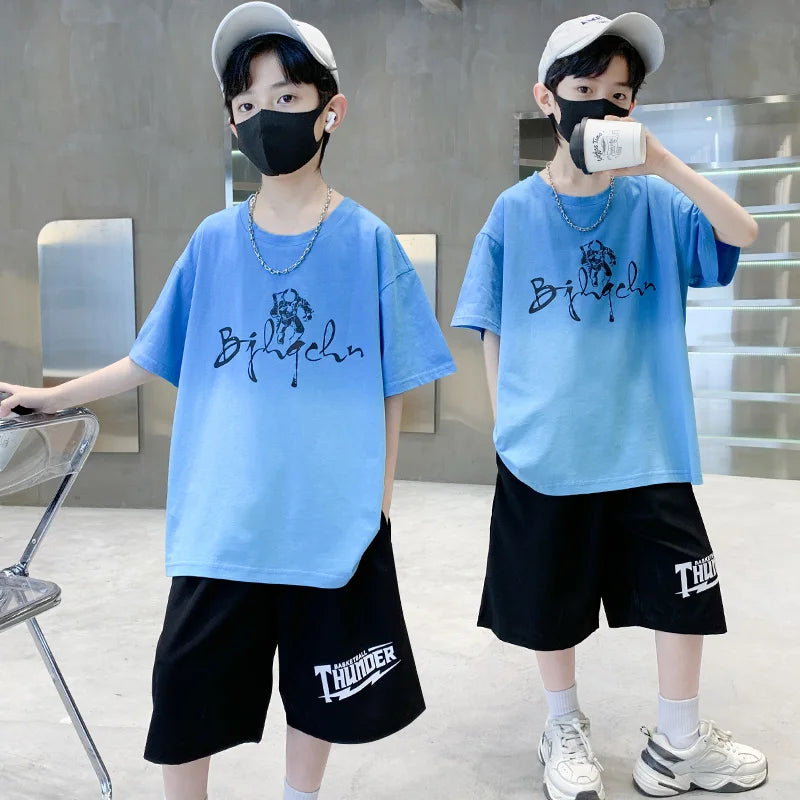 Kids Boy New Summer Suit Tie Dye T-shirt + Cargo Shorts 2 Pieces Tracksuit for Teens Child Shorts Sleeve Clothing Set Age 4 - 14