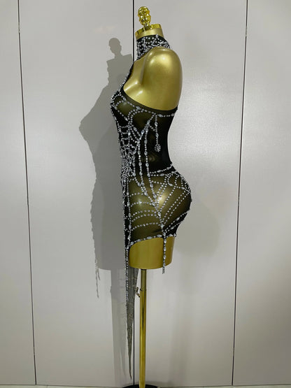 STOCK Sparkly Diamond Sexy Mesh Asymmetric Bodycon Mini Dress Women Nightclub Bar Party Show Gogo Dancer Clothing Stage Costume