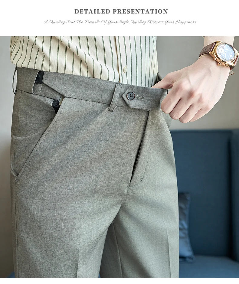 British Style Elastic Waist Men's Casual Slim Fit Trousers Summer High Quality Business Office Dress Wedding Party Suit Pants