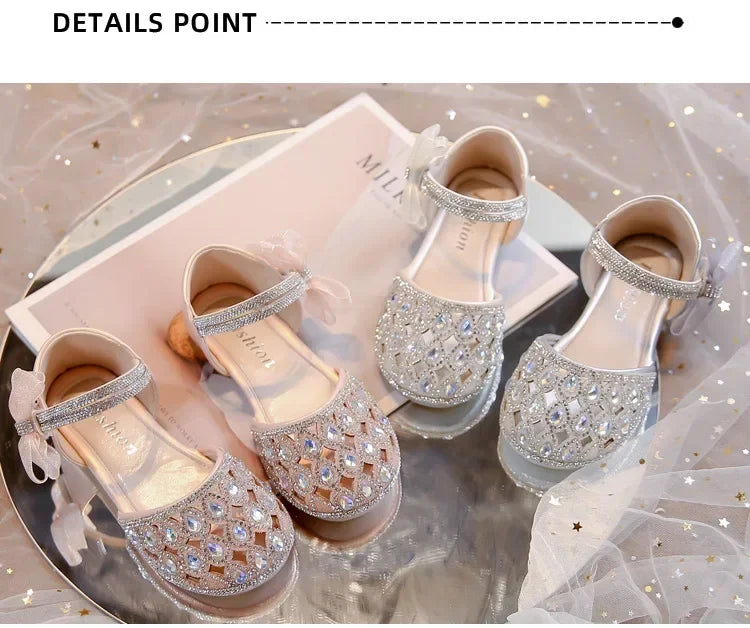 Girls Sandals Shiny Crystal Ins Trendy 2025 Summer New Kids Princess Shoes Mesh Lace Bows Girls Dance Shoes Elegant Hollowed-out