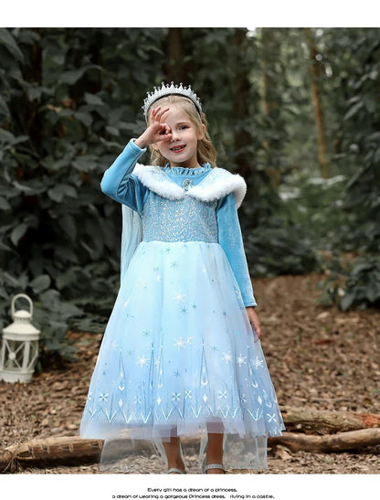 Girls' Spring 2026 New Velvet Elsa Frozen Princess Dress Kids Blue Cape 2 Piece Set Warm Dresses For Girl Party 3-9 Years Old ﻿