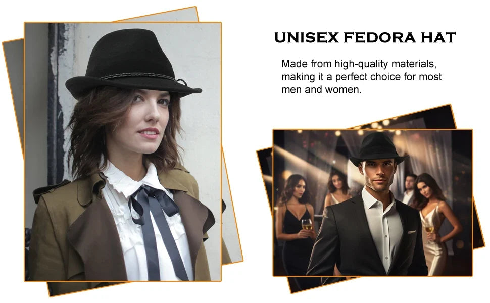 100% Wool Black Retro Felt Jazz Hats for Men Women Short Brim Gentleman Soft Trilby Fedora Panama Hat with Belt