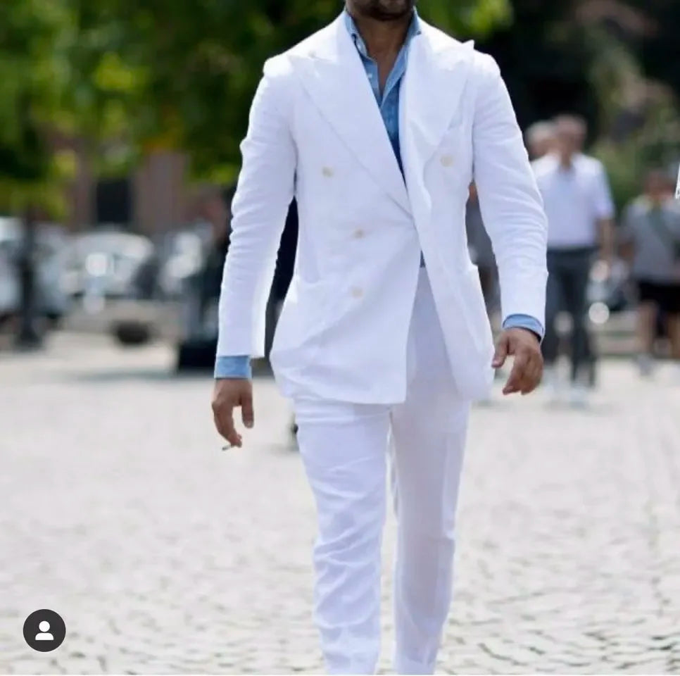 White Double Breasted Suit Slim Fit 2 Pcs Costume Homme Groom Tuxedo Wedding Suits Party Blazer Terno Masculino Jacket+Pant