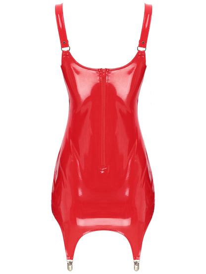 Womens Shiny Metallic PVC Leather V-Neck Mini Dress Chemise Wet Look Night Club Bodycon Babydoll Clubwear with Garter Belt