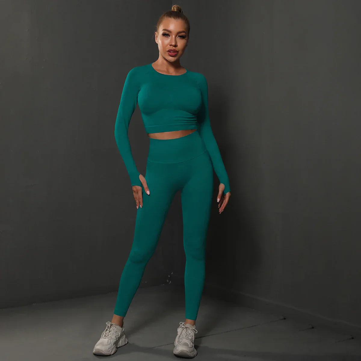 2Pcs Women Sets Energy Seamless Gym Suits Bubble Butt Sports Pants+Long Sleeve Shirts Push Up Running Sets Tracksuits Tights Set