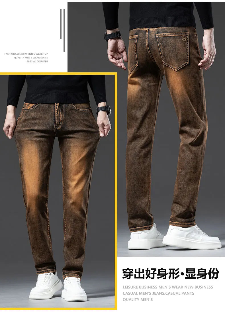 2025 New High-end High-quality Denim Double-core Cotton Elastic Jeans Retro Nostalgic Men's Straight-fit Trousers