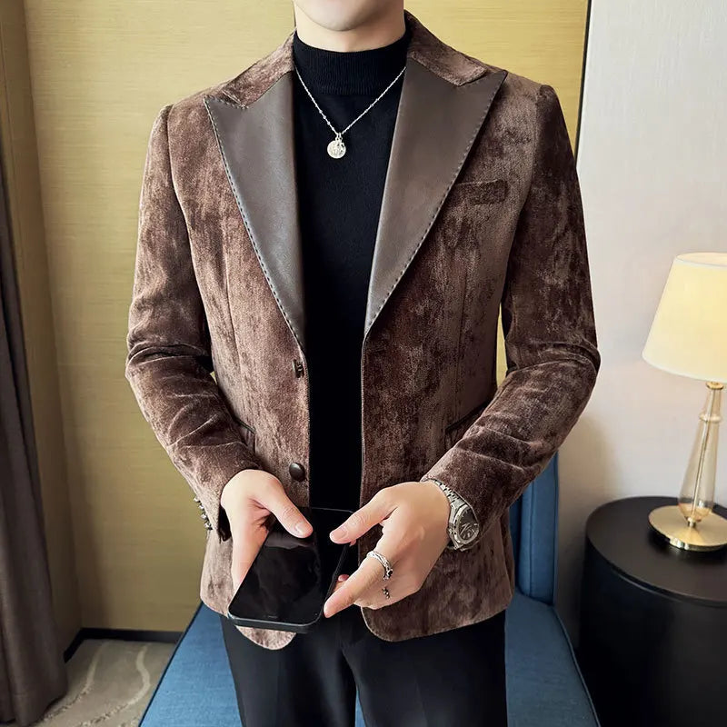 Splicing Leather Neck Fashion Suit Jacket Luxury Men's Business Slim Fit Social Formal Blazers Coats Wedding Groom Tuxedos 5XL-M