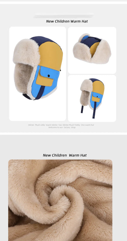 Children Winter Hat Thick Warm Outside Snow Ski Earflap Cap Boys Girls Patchwork Russian Hat Windproof Trapper Bomber Hat