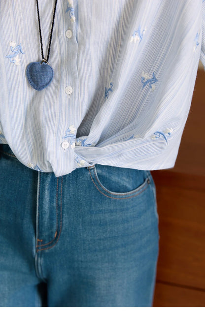 Long Sleeve Shirts for Woman 2025 Autumn Retro Blue Single-breasted Blouse Floral Embroidery Casual Tops MXE45X2495
