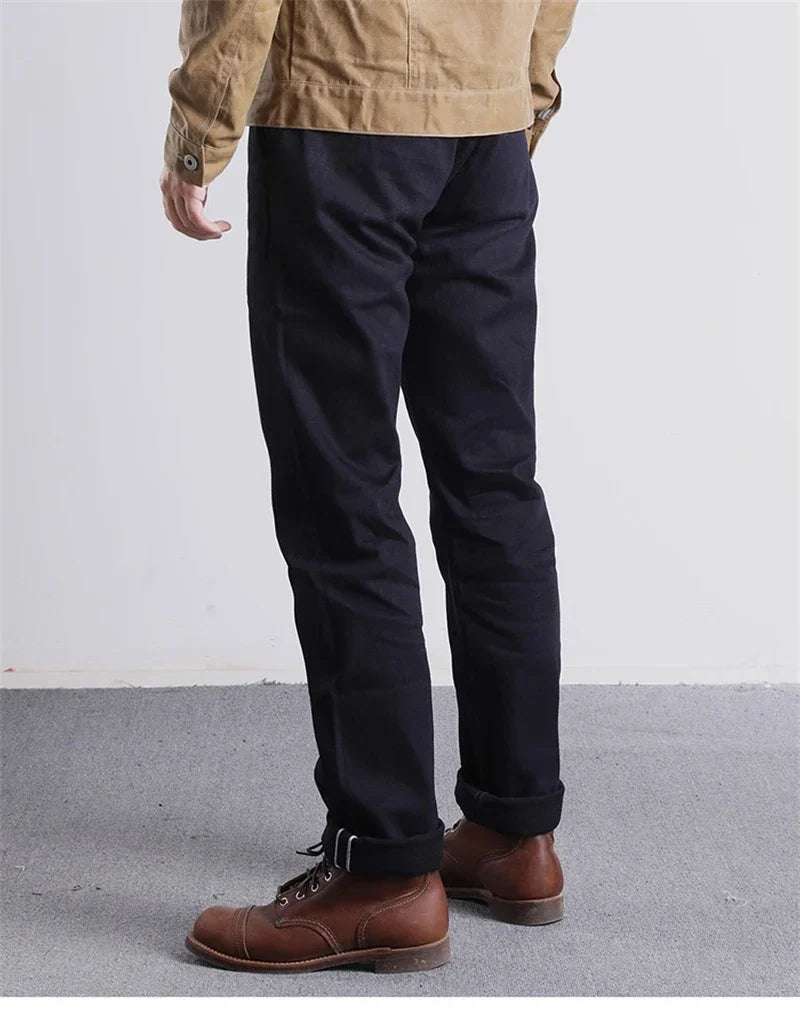 Blue-Black Officer Trousers Slim Straight Fit 14oz Indigo Selvedge Denim Jeans