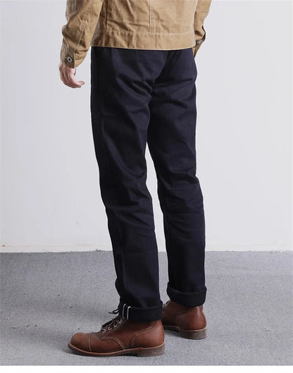 Blue-Black Officer Trousers Slim Straight Fit 14oz Indigo Selvedge Denim Jeans