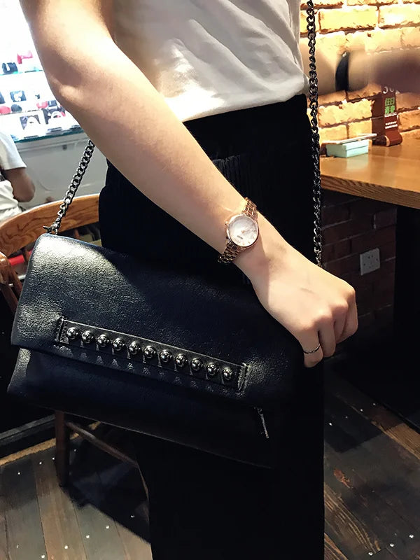 Folding design women Clutch Fashion rivets PU Leather Ladies Crossbody Bag chain Female Shoulder bag Clutches black wallet