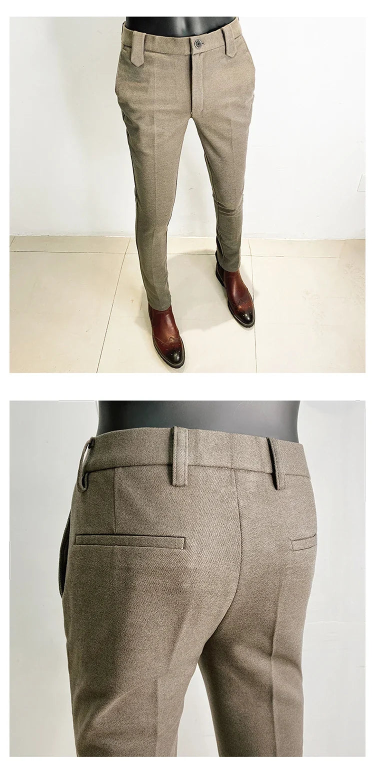2025 Winter Men Suit Pants Woolen Thicken Keep Warm Formal Trousers Pantalones Hombre Solid Casual Slim Fit Pants Men Clothing