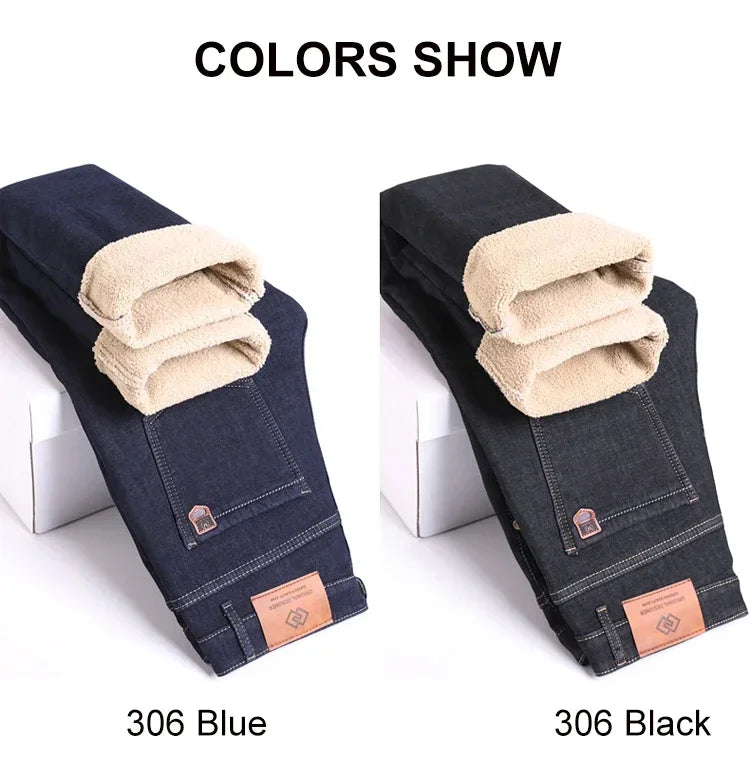 Winter Warm Fleece Jeans Men 2023 Straight Stretch Thick Casual Thermal Denim Pants Male Business Work Trousers New Men Clothing