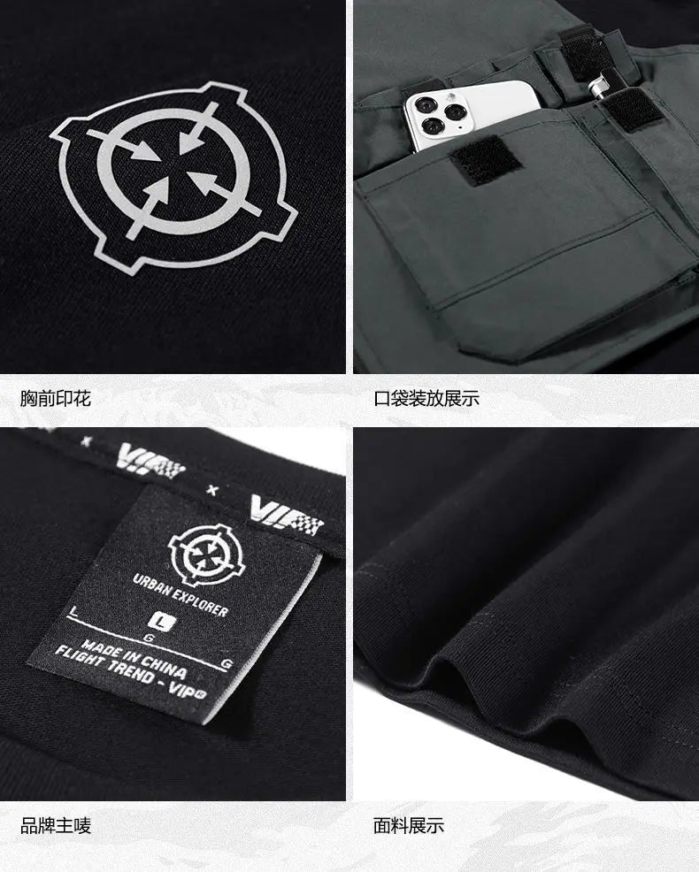 Fashion Men Black Techwear 100% Cotton Patch Stich Short Sleeve T-Shirts Summer Mens Oversized Locomotive Style Tooling T Shirt