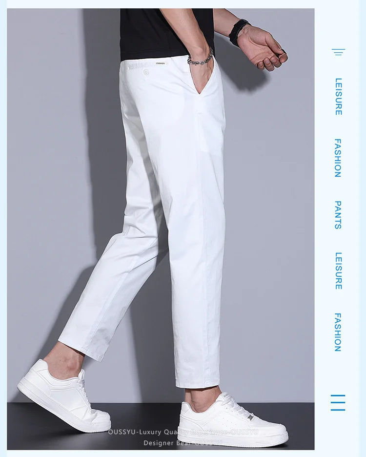 High Quality Summer Men's White Ankle Length Casual Pants 97%Cotton Breathable Straight Business Slim Work Chino Trousers Man
