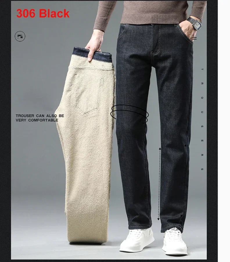 Winter Warm Fleece Jeans Men 2023 Straight Stretch Thick Casual Thermal Denim Pants Male Business Work Trousers New Men Clothing