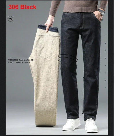 Winter Warm Fleece Jeans Men 2023 Straight Stretch Thick Casual Thermal Denim Pants Male Business Work Trousers New Men Clothing