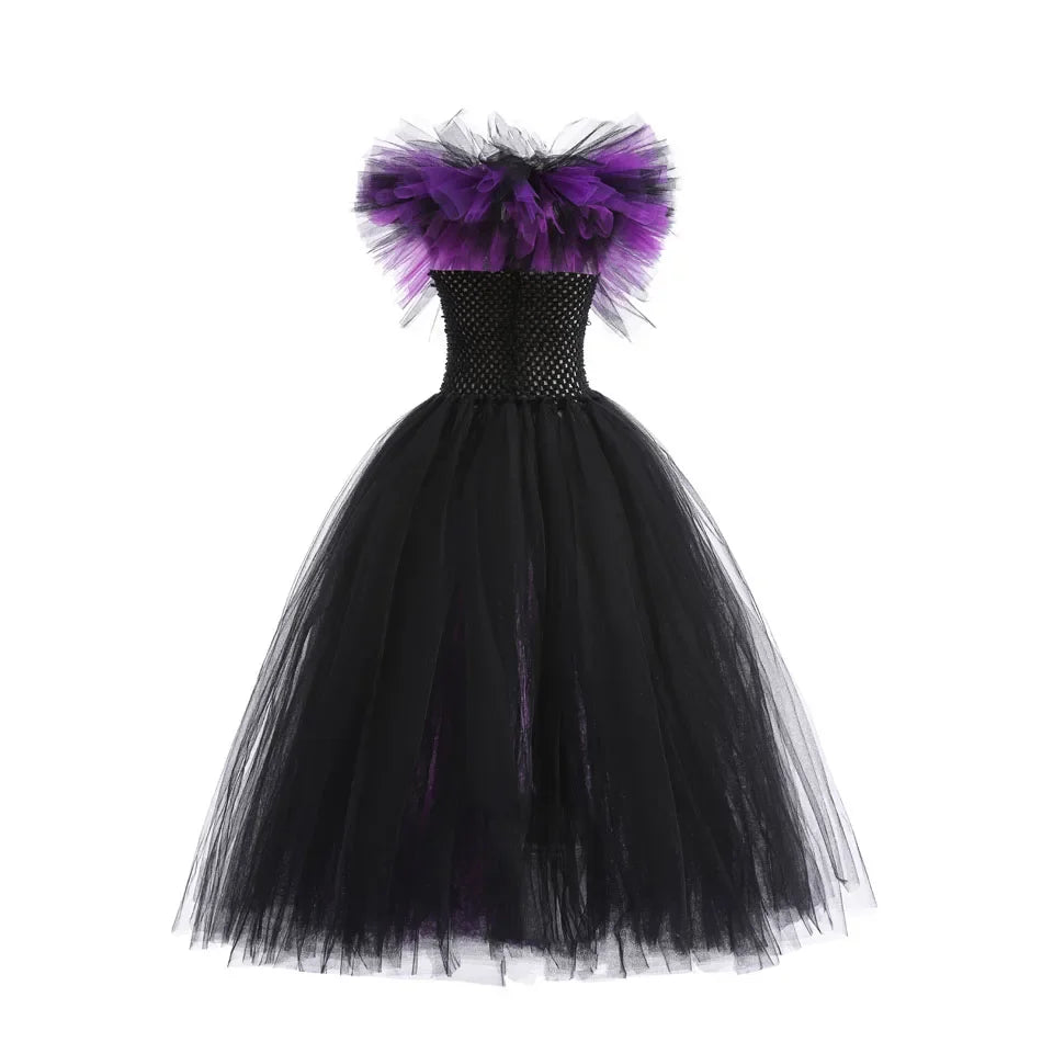 Maleficent Neck Dress Girls Halloween Theme Cosplay Costume Handmade Woven Tulle Dress Evil Role Playing Outfits Luxury Gown