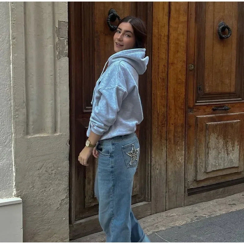 European and American Leopard Print Star Patch Jeans Street Women's High Waist Jeans Fashion Clothing Vintage Straight Trousers
