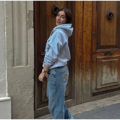 European and American Leopard Print Star Patch Jeans Street Women's High Waist Jeans Fashion Clothing Vintage Straight Trousers