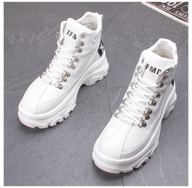 White High Top Board Boots for Men Thick Soled Men Boots with Elevated Height Inside Outdoor Casual Versatile High-top Shoes