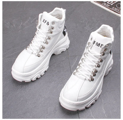 White High Top Board Boots for Men Thick Soled Men Boots with Elevated Height Inside Outdoor Casual Versatile High-top Shoes