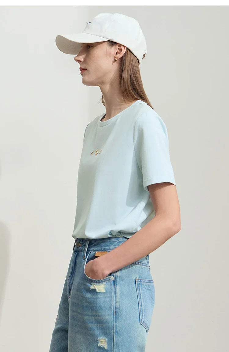 Minimalist T-shirt Women's Tops O-neck Short Sleeves Geometric Decoration Antibacterial Cotton Elastic Casual Tees 12521088