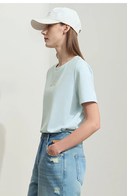 Minimalist T-shirt Women's Tops O-neck Short Sleeves Geometric Decoration Antibacterial Cotton Elastic Casual Tees 12521088