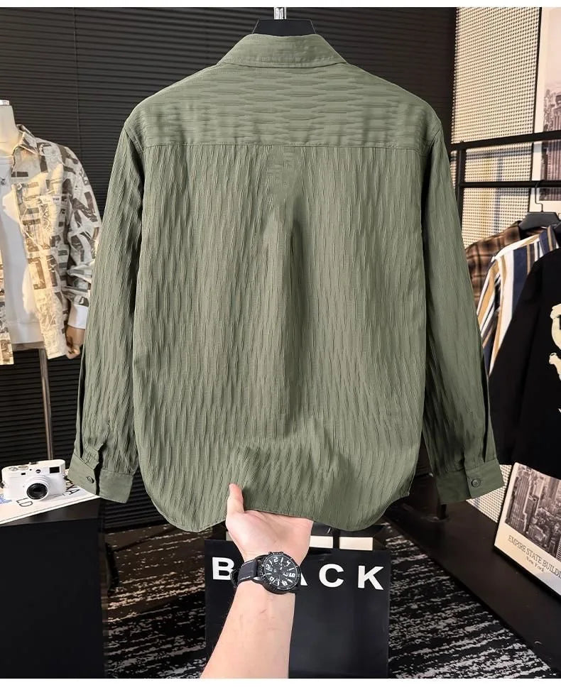 Casual Ice Silk Bubble Men's Anti-Wrinkle Summer Loose Fashionable Long Sleeve Shirt Urban Style Flip Collar Button Closure