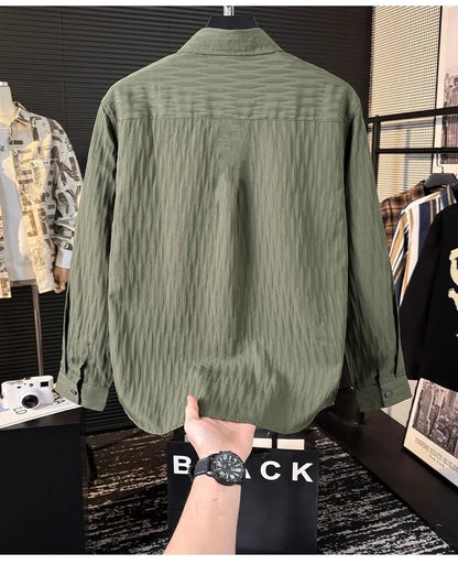 Casual Ice Silk Bubble Men's Anti-Wrinkle Summer Loose Fashionable Long Sleeve Shirt Urban Style Flip Collar Button Closure