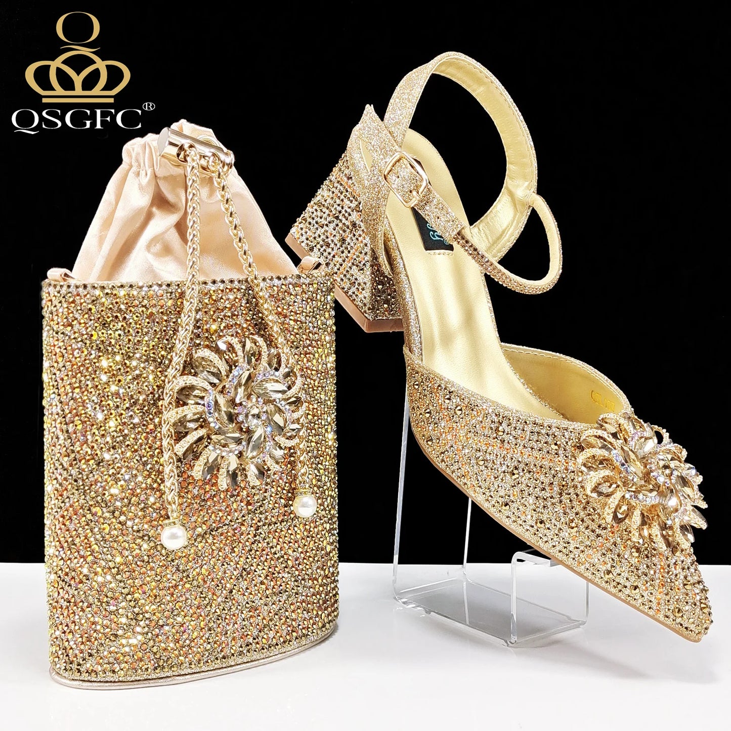 Fashion Design High-end Women's Shoes with Diamond Oval Stand Bag Women's High Heels for Special Day or Work