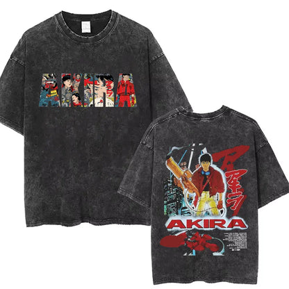 Washed Vintage Anime Akira T Shirts Japanese Science Fiction Cartoon Movie Shotaro Kaneda T-shirt Men's Manga Oversized T-shirts