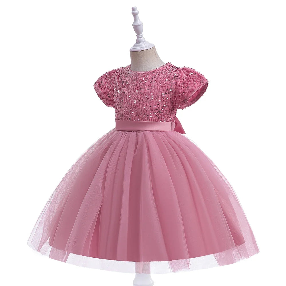 Summer Sequins Bow Party Dress For Girl Christmas Costume Elegant Wedding Princess Girls Dresses Lace Birthday Prom Gown Evening