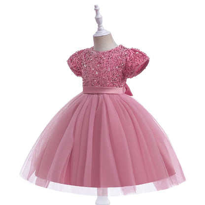 Summer Sequins Bow Party Dress For Girl Christmas Costume Elegant Wedding Princess Girls Dresses Lace Birthday Prom Gown Evening
