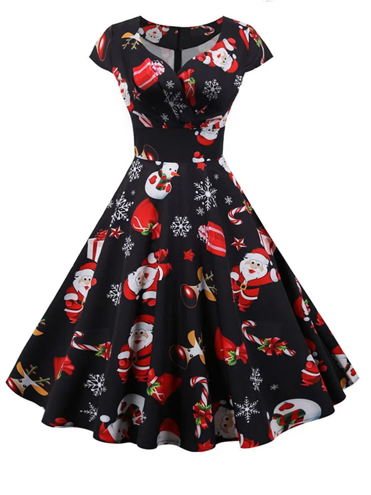 Fashion V-neck Short Sleeve Printed Christmas Dress Large Swing Vintage Elegant Xmas Party Dress