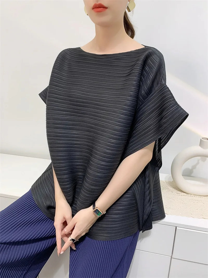 2025 Summer T-shirt Miyake Comfortable Casual Loose Pleated Top Women Short Sleeve Slim Commuter Office Clothes Wrinkle-Free
